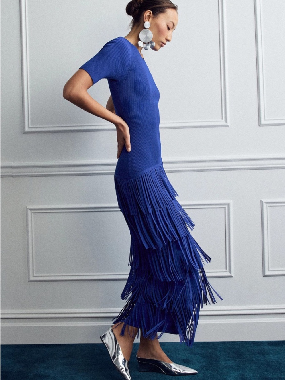 Simon Miller Electric Blue Ribbed Knit Dress with Fringe - Picture 3 of 9